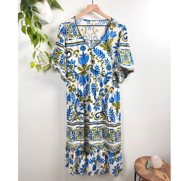 Fig + Flower Dresses & Skirts - Fig + Flower Women 2X Blue Olive Floral Linen Blend Midi Dress V-Neck Boho